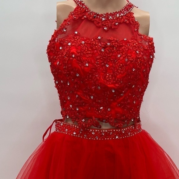 A-line High Neck Tulle Short/Mini Sequins Short Prom Dresses - Picture 5 of 14